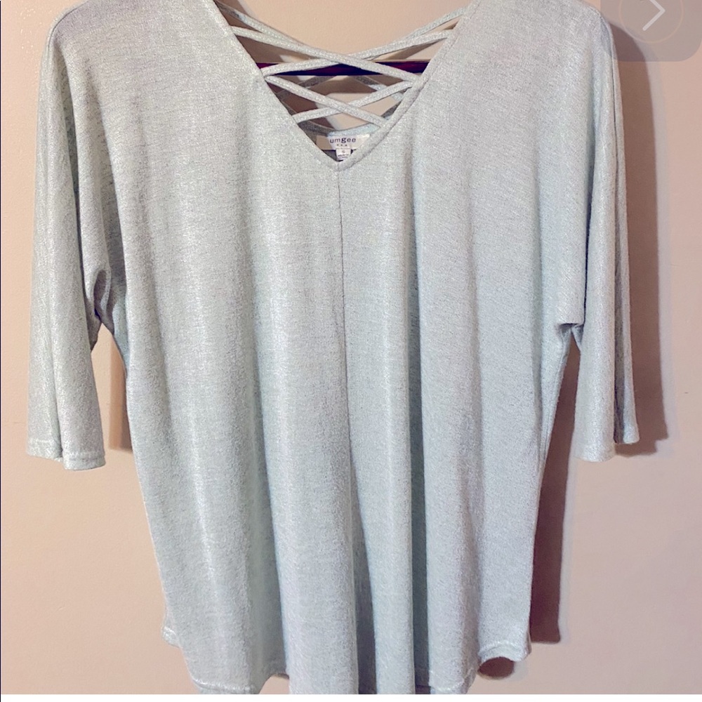 Light Green Small Umgee Flowy Top With Crisscross Straps Up Top, Front And Back